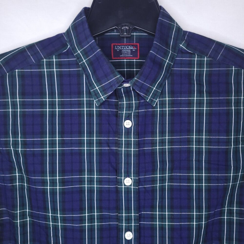 Untuckit Shirt Mens Medium Plaid Blue, Green Verada 40343 Wrinkle Free